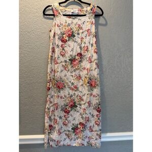 Koret Vintage Floral Midi Dress Women Size 8 Linen Blend Square Neck Sleeveless